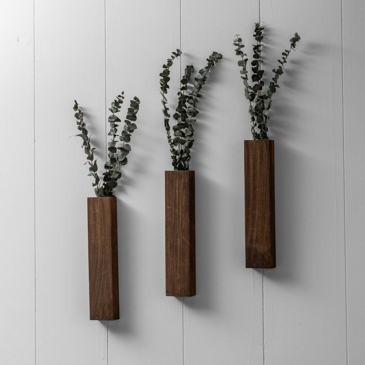 Slim 12 Inch Wood Wall Planter Sconce Vase with Pocket & Eucalyptus - Holtz Leather