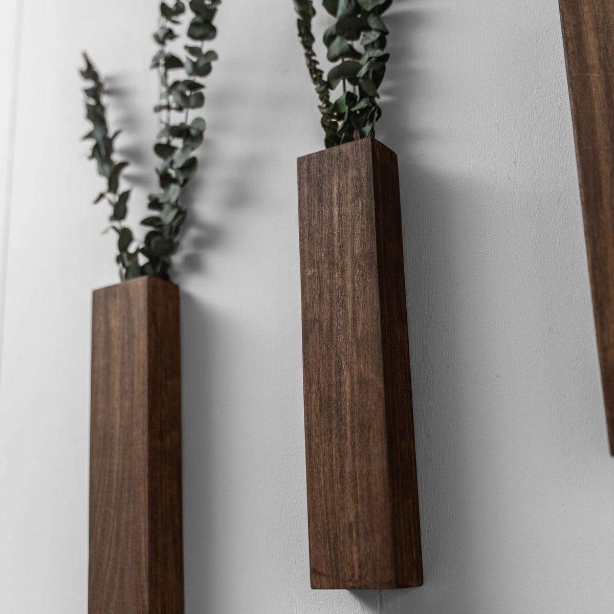 Slim 12 Inch Wood Wall Planter Sconce Vase with Pocket & Eucalyptus - Holtz Leather