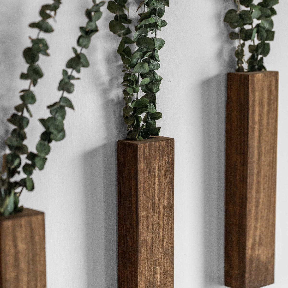 Slim 12 Inch Wood Wall Planter Sconce Vase with Pocket & Eucalyptus - Holtz Leather