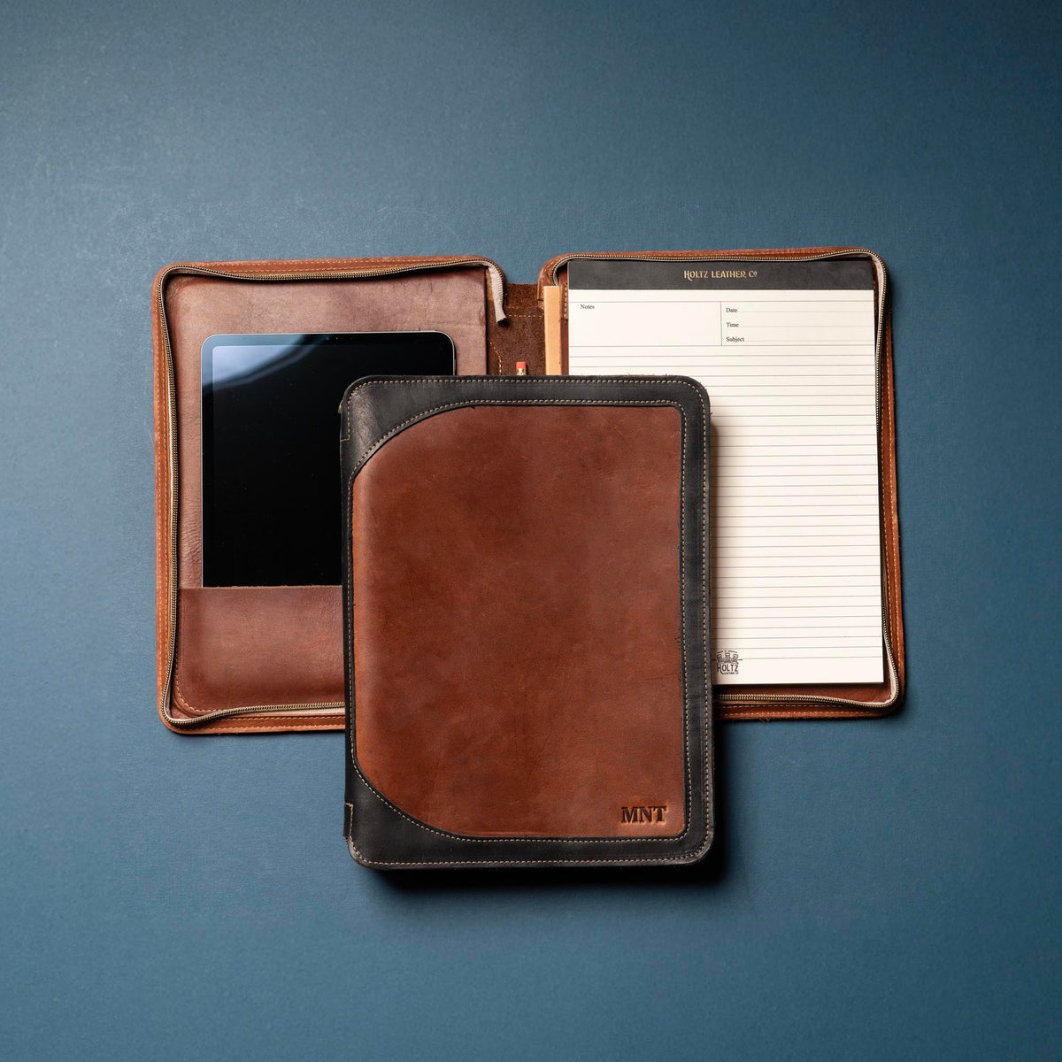 The Carnegie Fine Leather Zippered Portfolio Padfolio Laptop or iPad Case - with two Journals - Holtz Leather