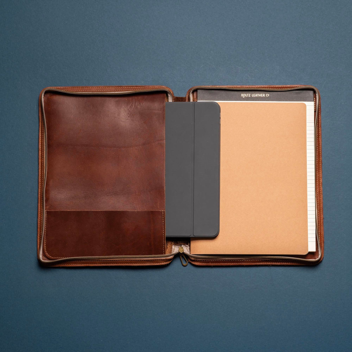 The Carnegie Fine Leather Zippered Portfolio Padfolio Laptop or iPad Case - with two Journals - Holtz Leather