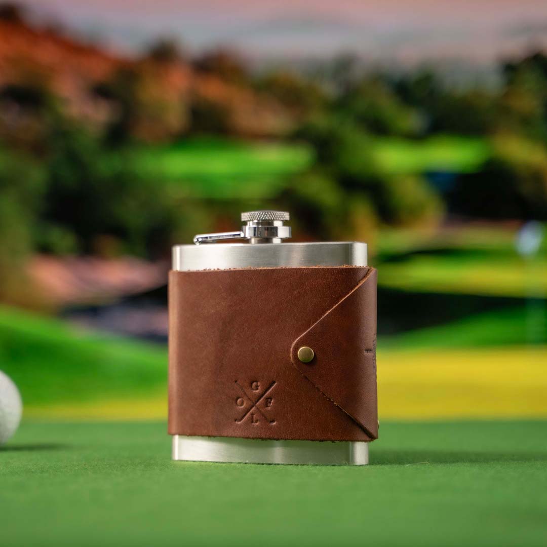 The Golf Hatch Fine Leather Flask Wrap with Stainless Steel Flask - Holtz Leather