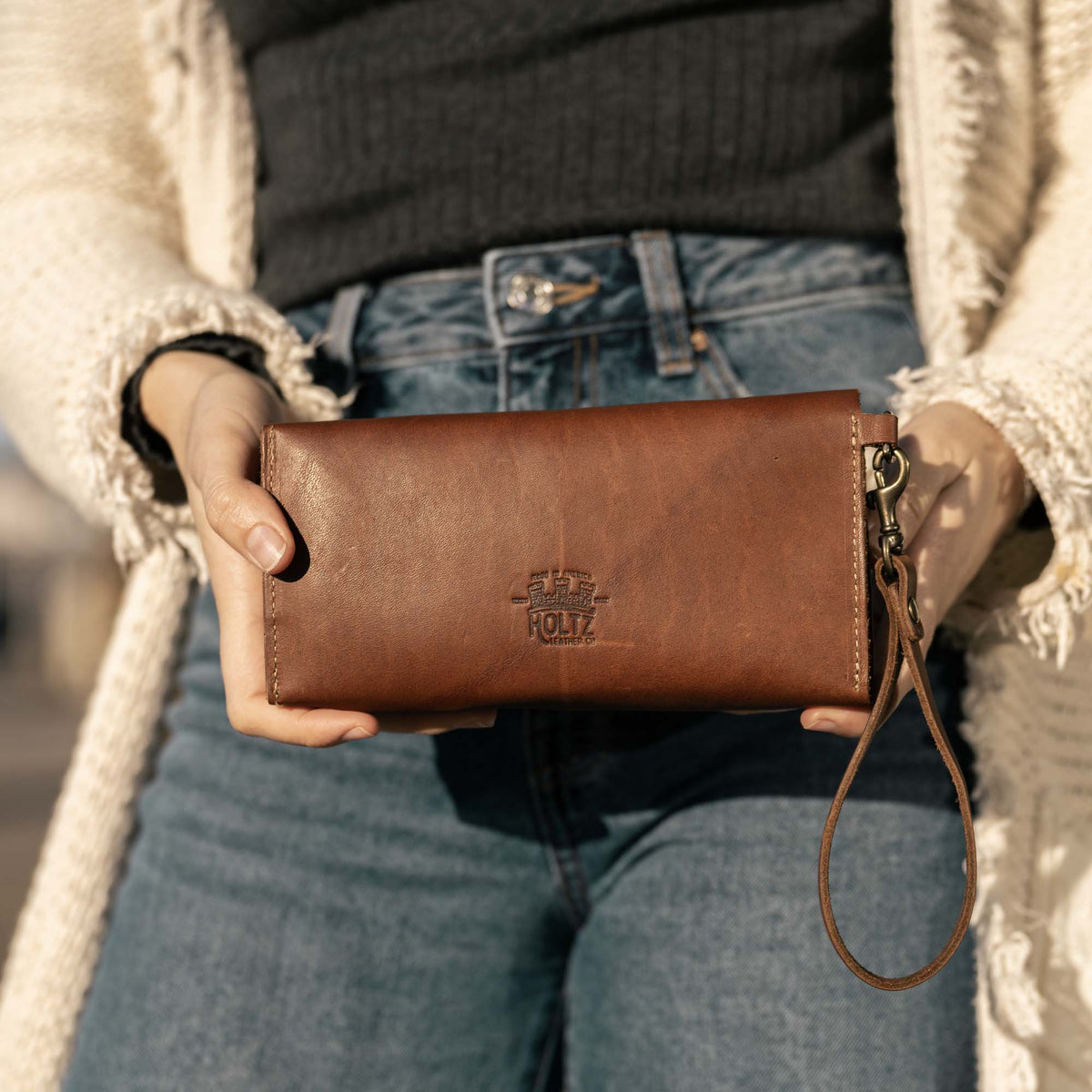 The Jackie O Personalized Leather Clutch Wallet with Wristlet - Holtz Leather