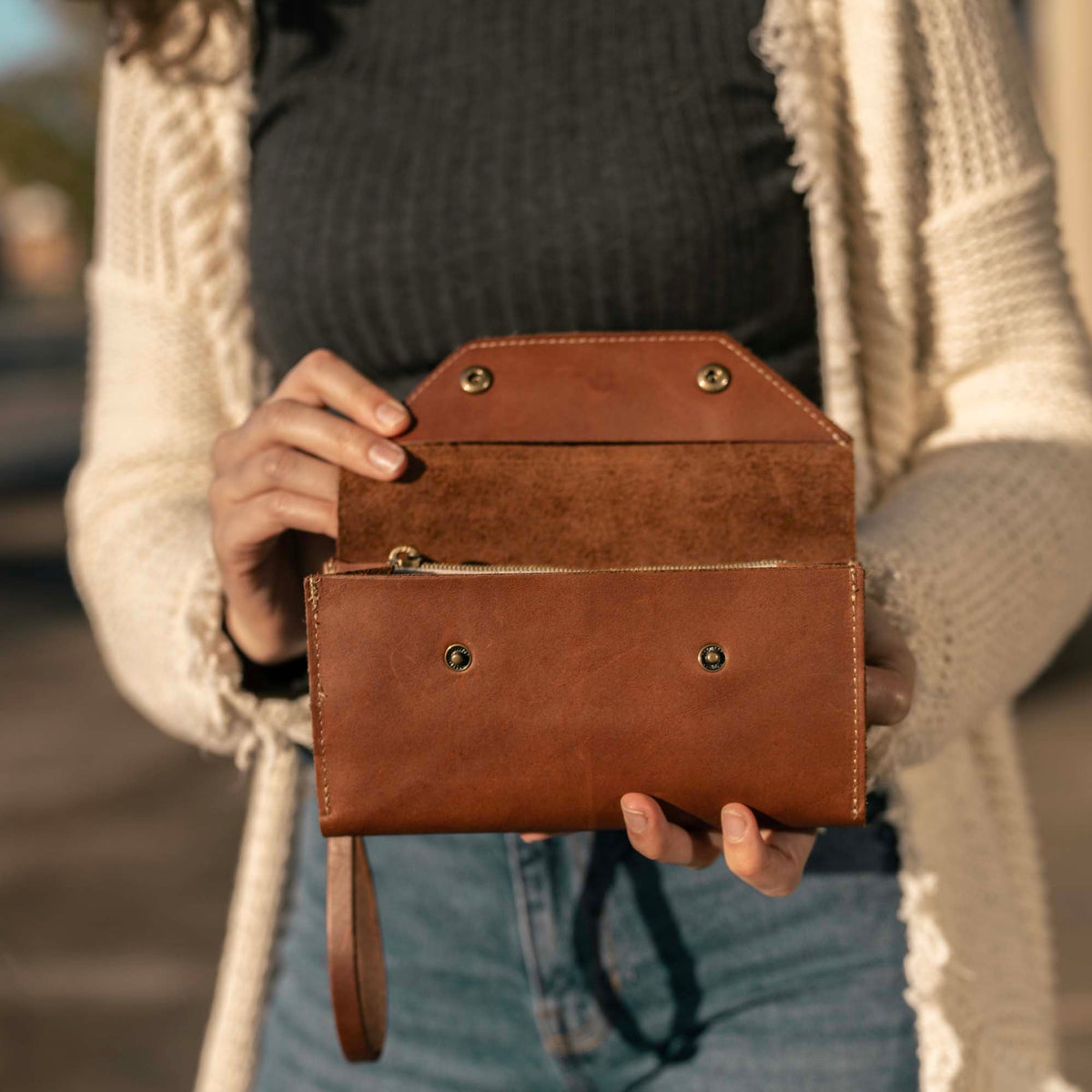 The Jackie O Personalized Leather Clutch Wallet with Wristlet - Holtz Leather