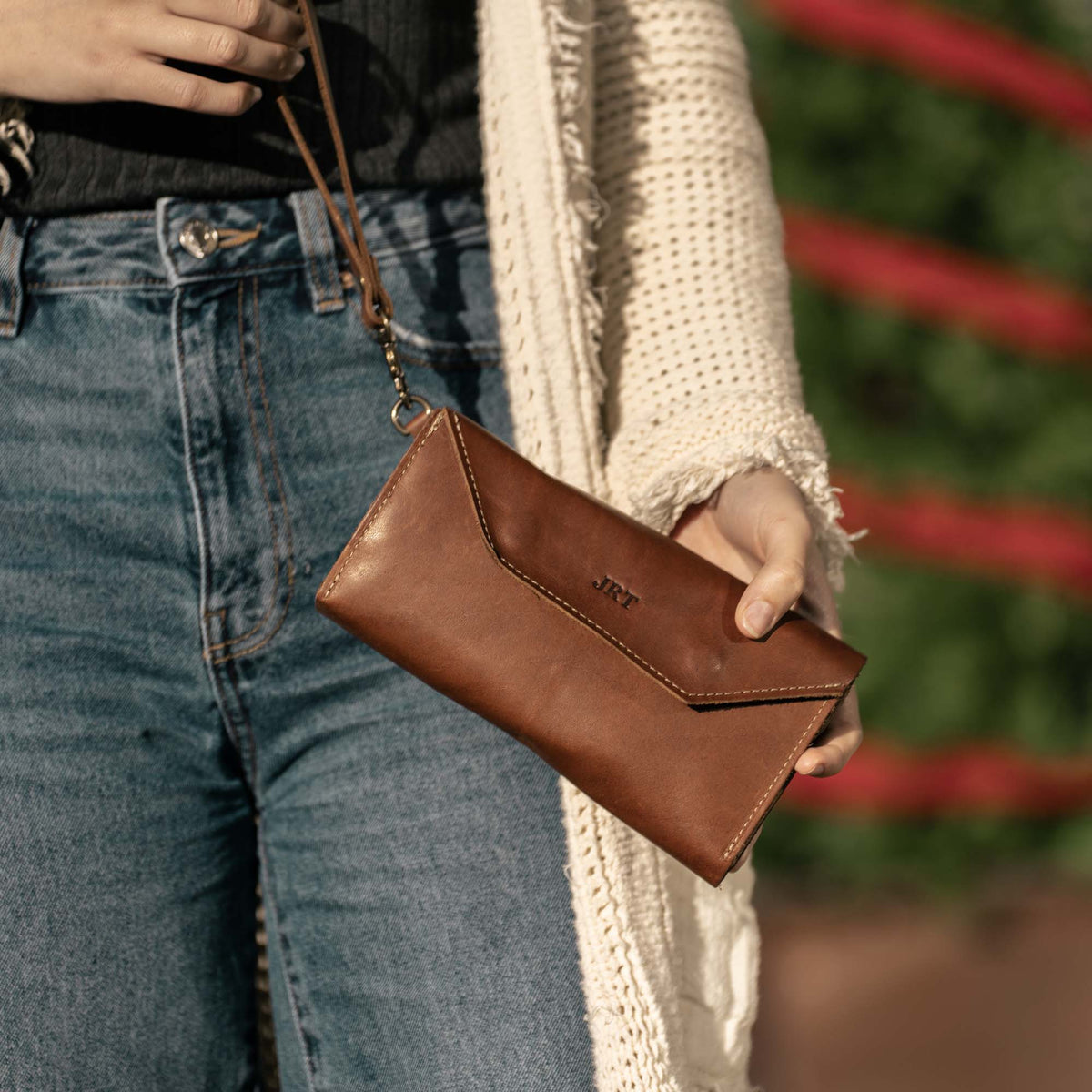 The Jackie O Personalized Leather Clutch Wallet with Wristlet - Holtz Leather