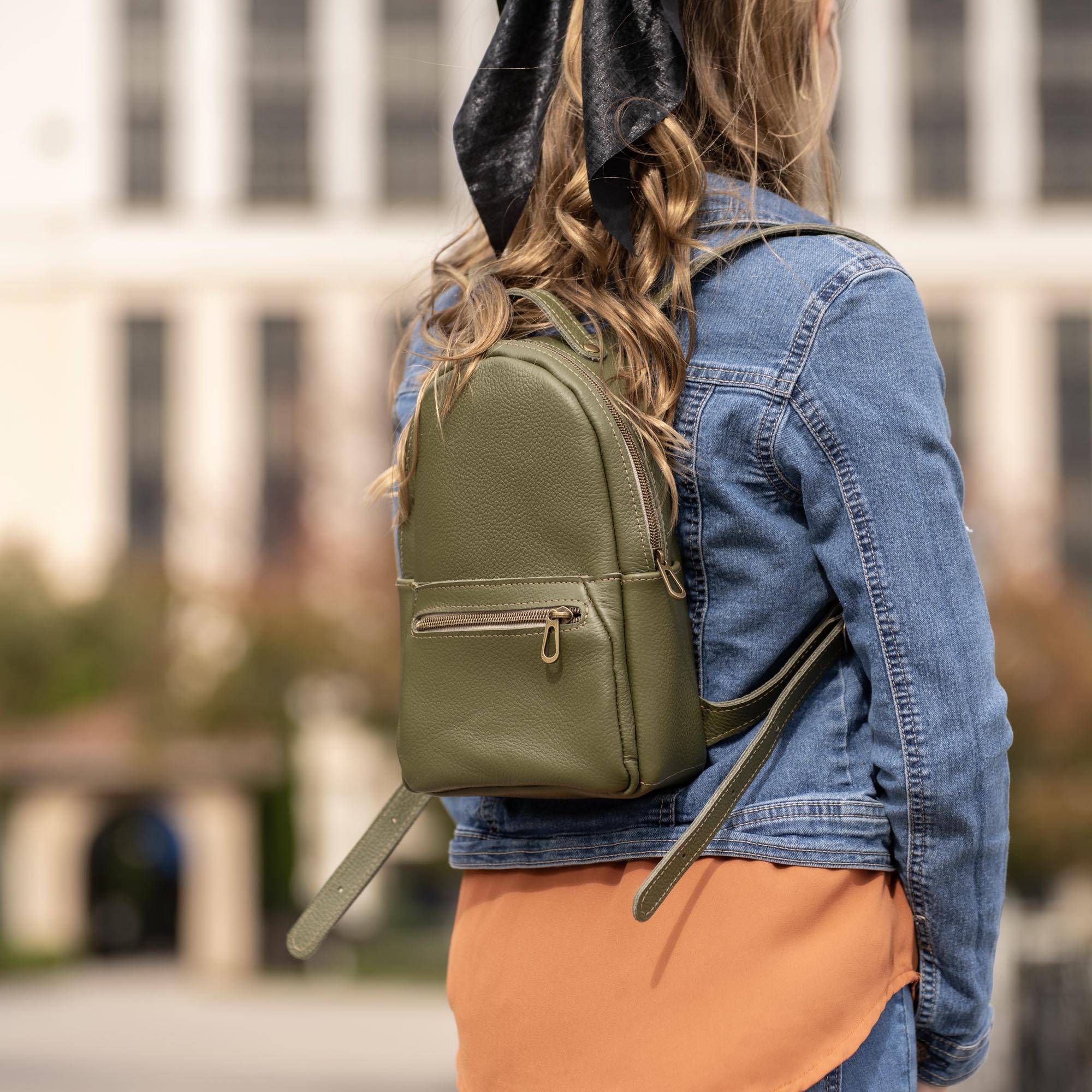 backpack style leather handbags The Mini Della Fine Leather Backpack Purse, Olive