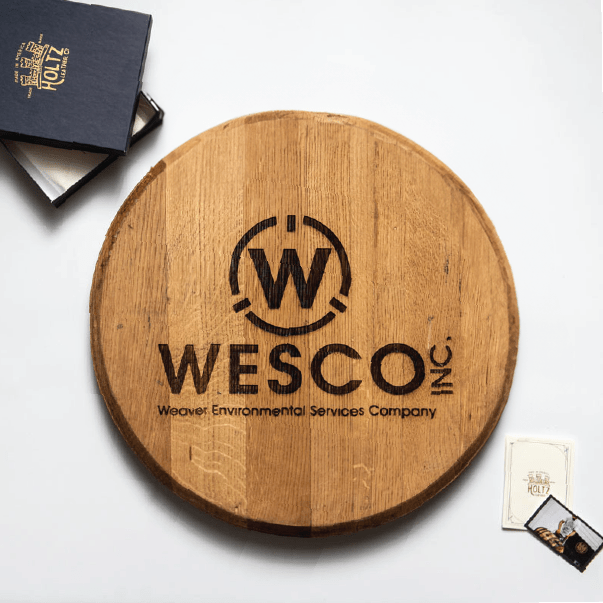 Your Logo + Our Barrel Heads - Tennessee Whiskey Barrel Head Sign - Custom Logo and Corporate Gifting - Holtz Leather