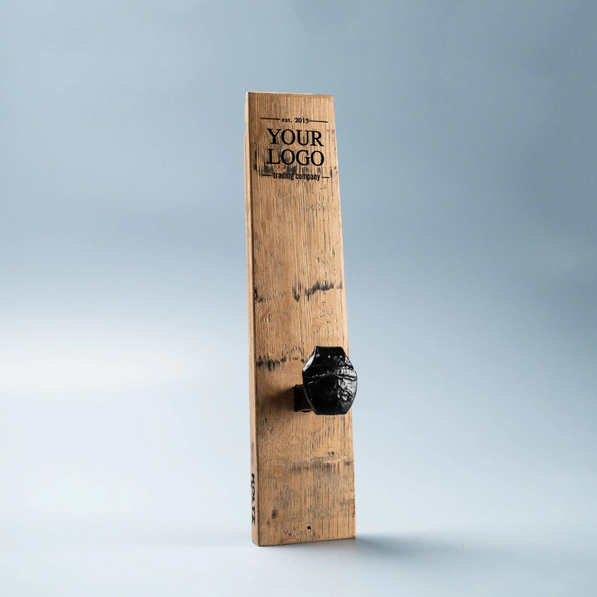 Your Logo + Our Barrels - Tennessee Whiskey Barrel Personalized Wall Hanger with Railroad Spike Hooks - Custom Logo and Corporate Gifting - Holtz Leather