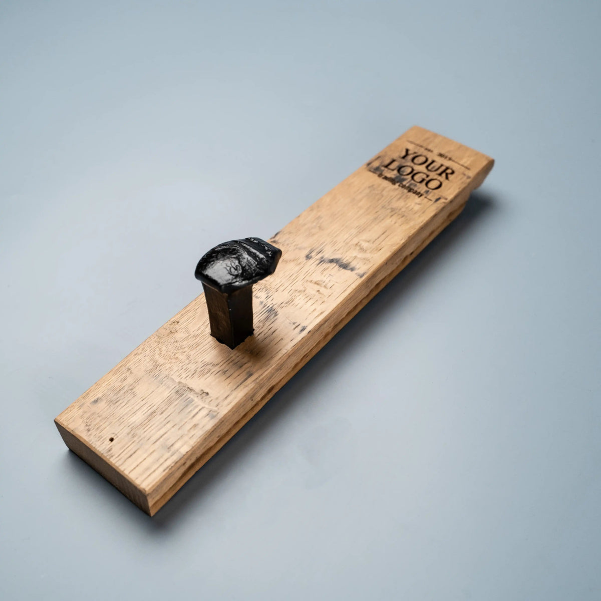 Your Logo + Our Barrels - Tennessee Whiskey Barrel Personalized Wall Hanger with Railroad Spike Hooks - Custom Logo and Corporate Gifting - Holtz Leather