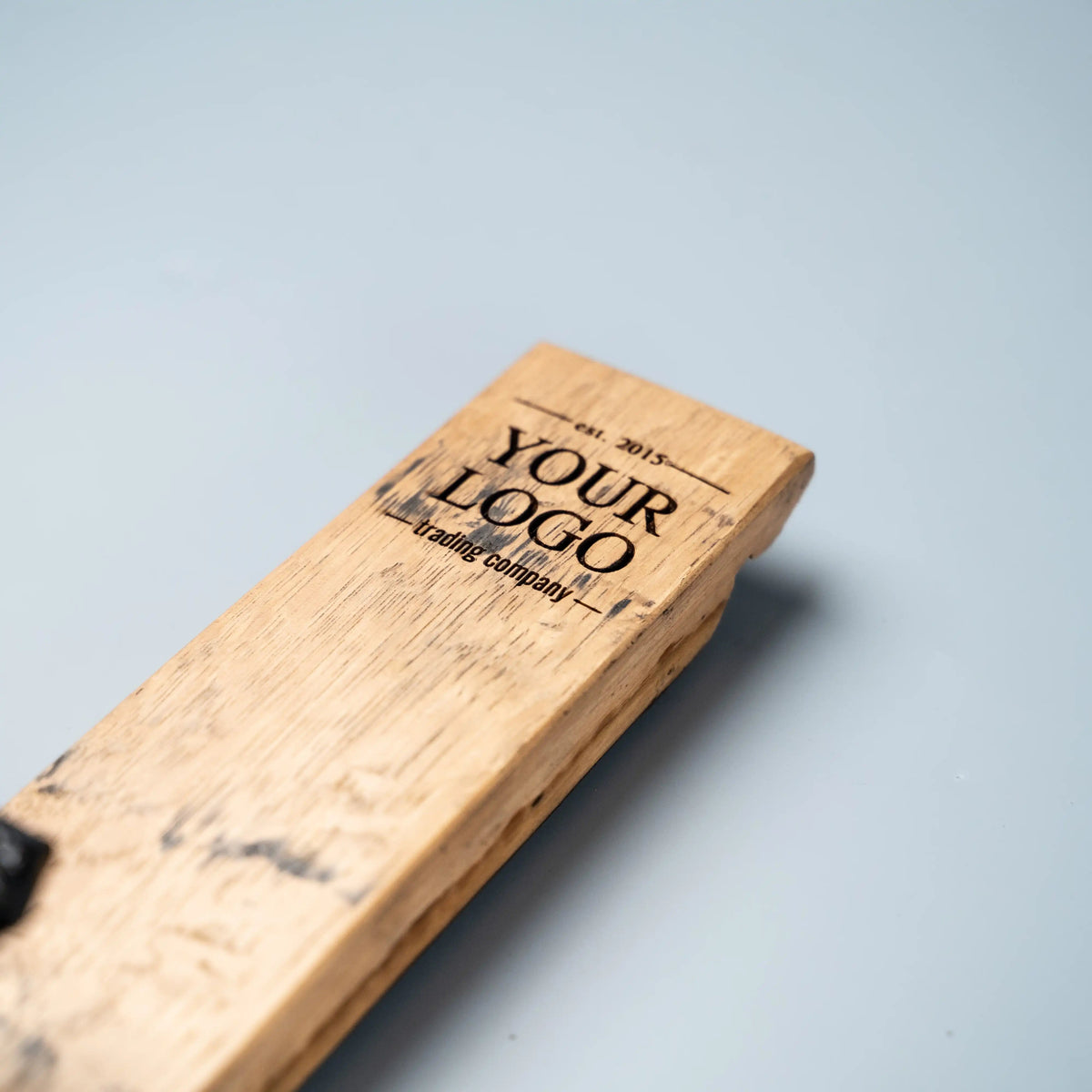 Your Logo + Our Barrels - Tennessee Whiskey Barrel Personalized Wall Hanger with Railroad Spike Hooks - Custom Logo and Corporate Gifting - Holtz Leather