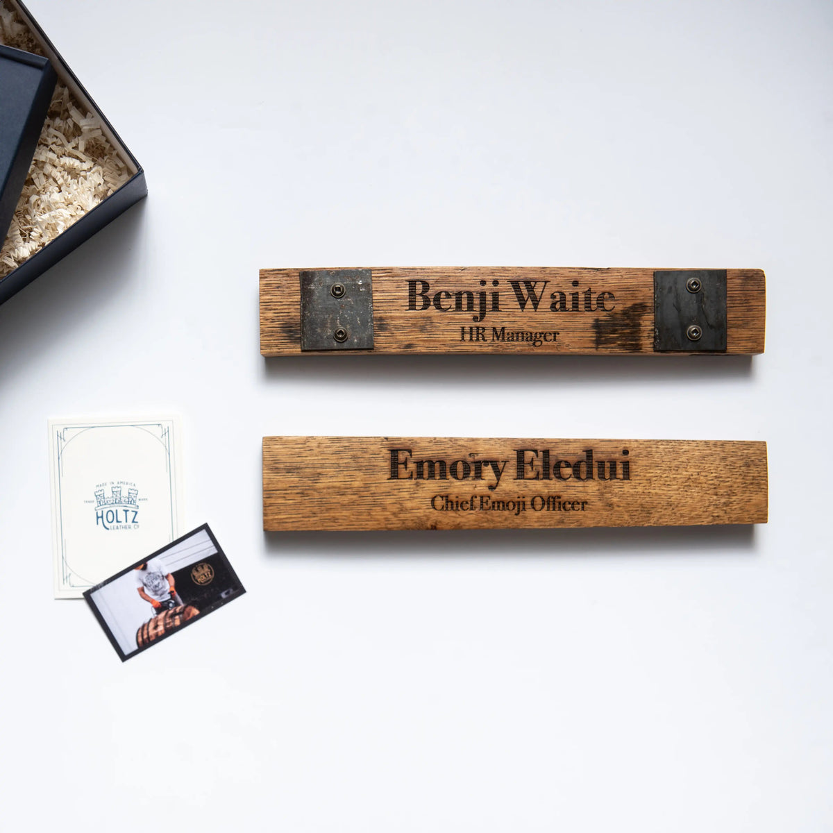 Your Logo + Our Barrels - Whiskey Barrel Executive Desk Name Plate Sign - Custom Logo and Corporate Gifting - Holtz Leather