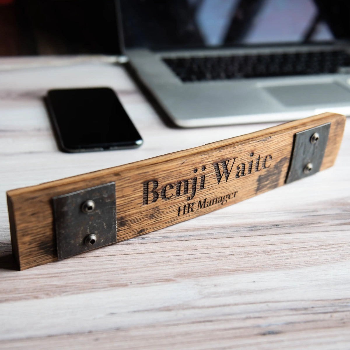 Your Logo + Our Barrels - Whiskey Barrel Executive Desk Name Plate Sign - Custom Logo and Corporate Gifting - Holtz Leather