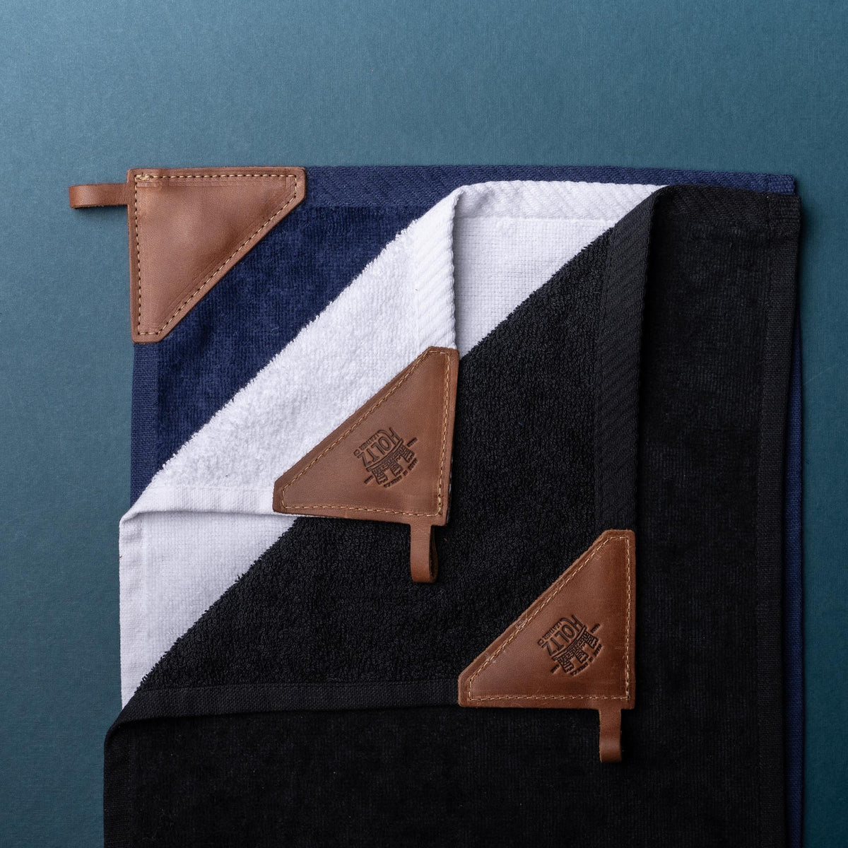 Your Logo + Our Leather - Personalized Fine Leather Tabbed Golf Towel with Magnet & Carabiner - Custom Logo and Corporate Gifting - Holtz Leather