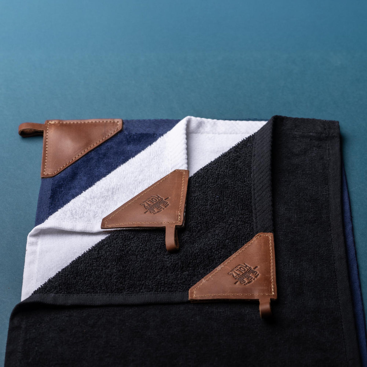 Your Logo + Our Leather - Personalized Fine Leather Tabbed Golf Towel with Magnet & Carabiner - Custom Logo and Corporate Gifting - Holtz Leather