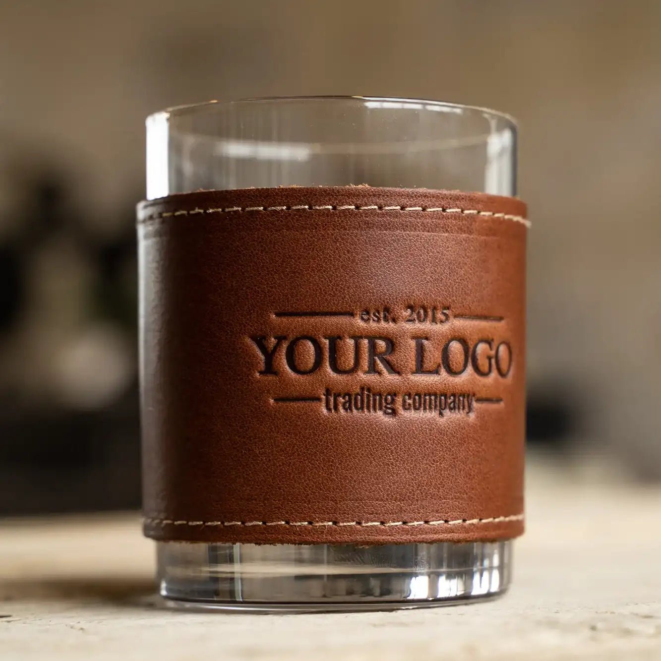Your Logo + Our Leather - The Gentleman Rocks Glass & Sleeves Set of Two Wraps & Glasses - Custom Logo and Corporate Gifting - Holtz Leather