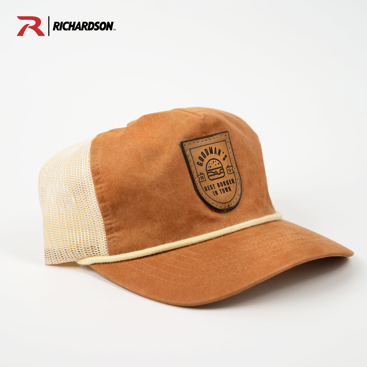 Orange Richardson 939 unstructured snapback rope hat with customized leather patch from Holtz Leather Co in Huntsville, Alabama