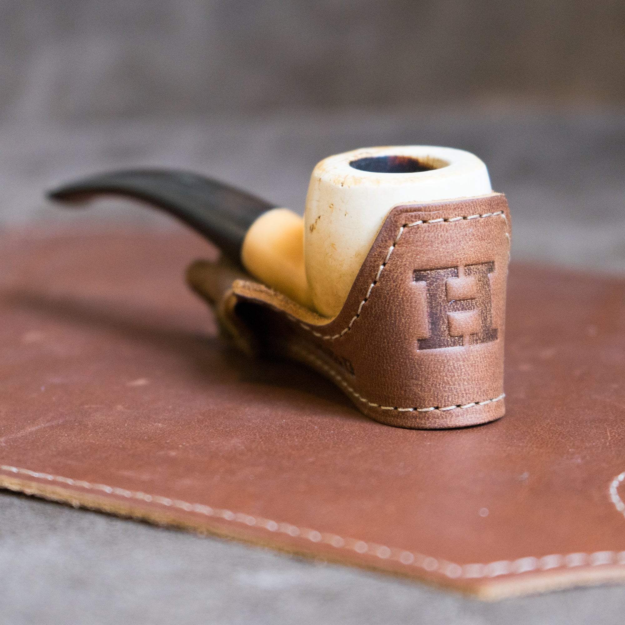 pipe and fine leather pipe boat holder with personalized initial