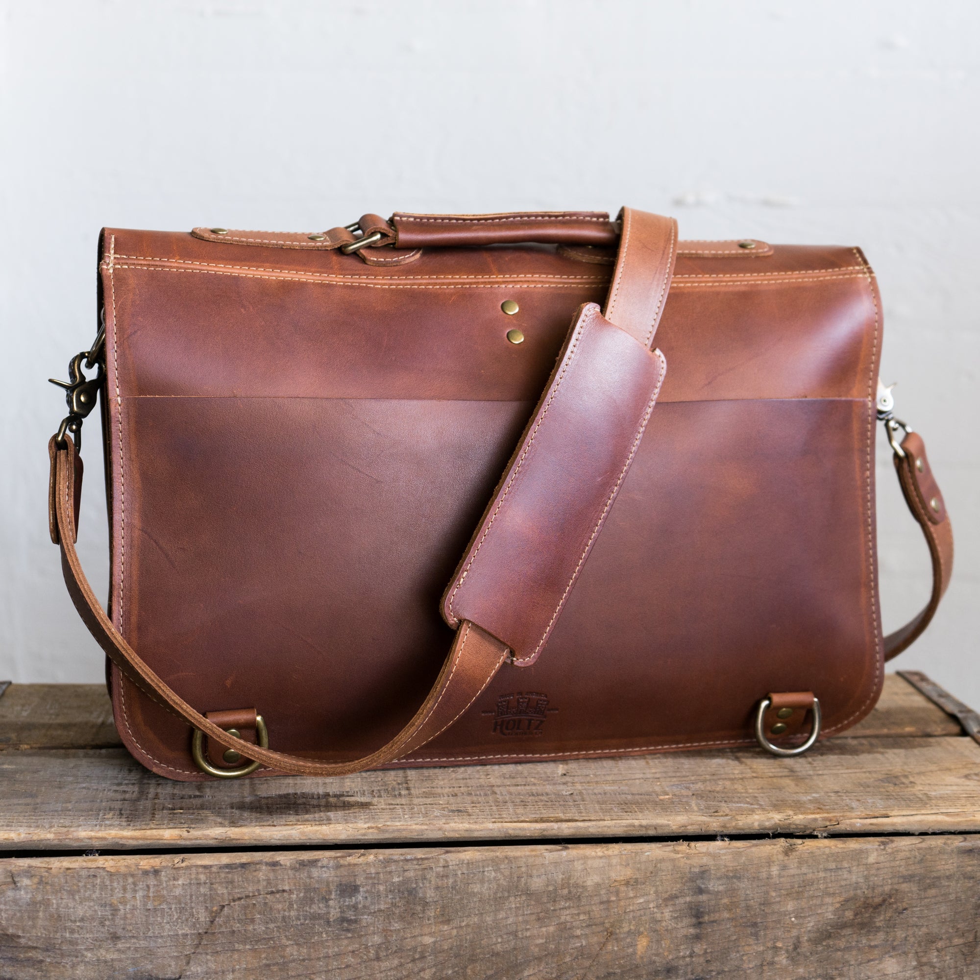Leather messenger bag/briefcase with buckles from Holtz Leather Co in Huntsville, Alabama