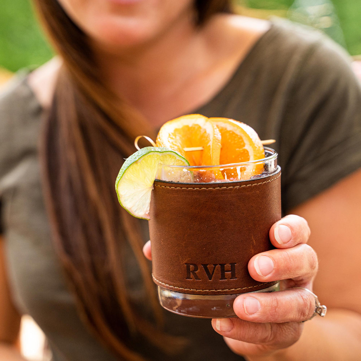 Your Logo + Our Leather - The Gentleman Rocks Glass &amp; Sleeves Set of Two Wraps &amp; Glasses - Custom Logo and Corporate Gifting