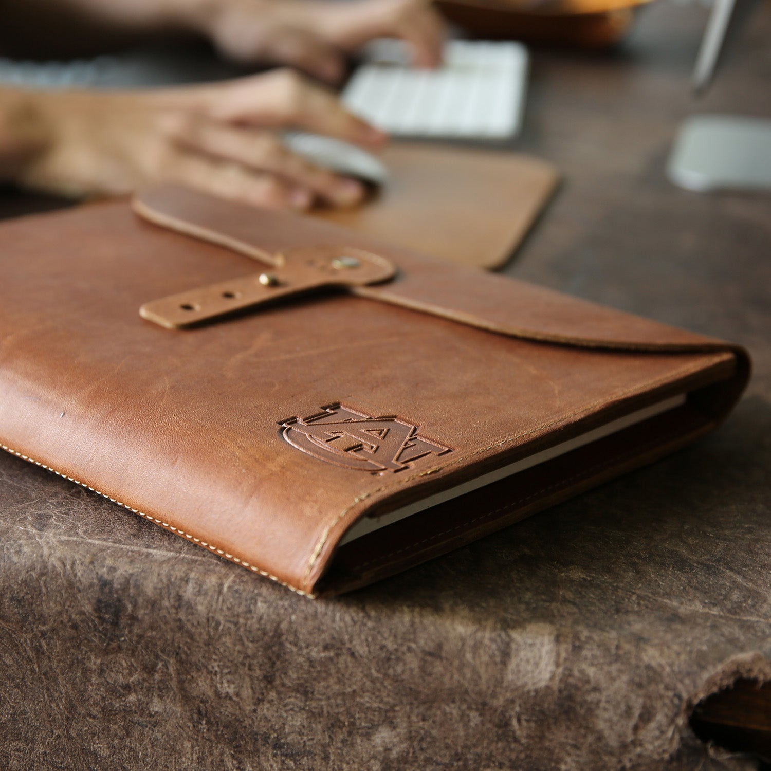 Fine leather A4 moleskin journal cover with Auburn University logo and personalized initials