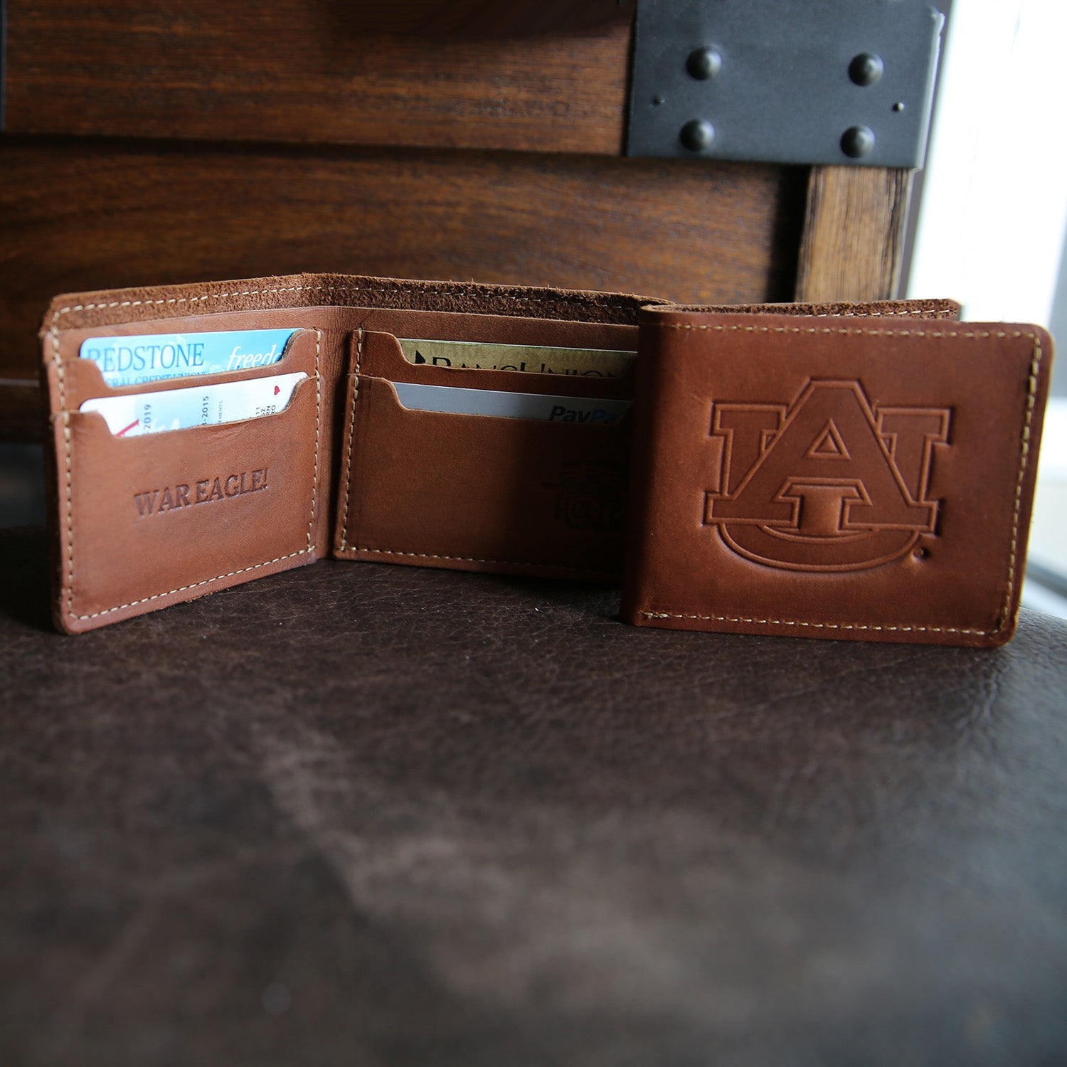 Fine leather bifold wallet with Auburn University logo