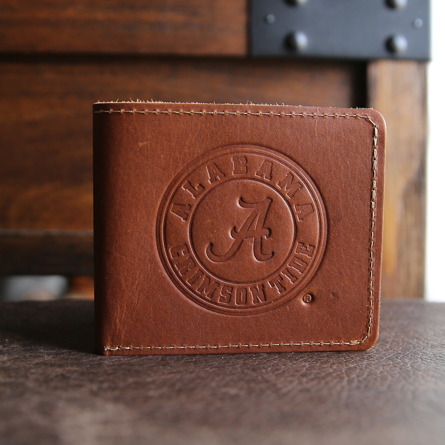 Fine leather bifold wallet with Alabama Crimson Tide 