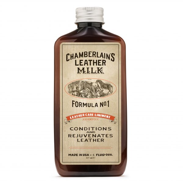 Chamberlain's leather milk formula No. 1 leather care liniment in bottle with cleaning pad
