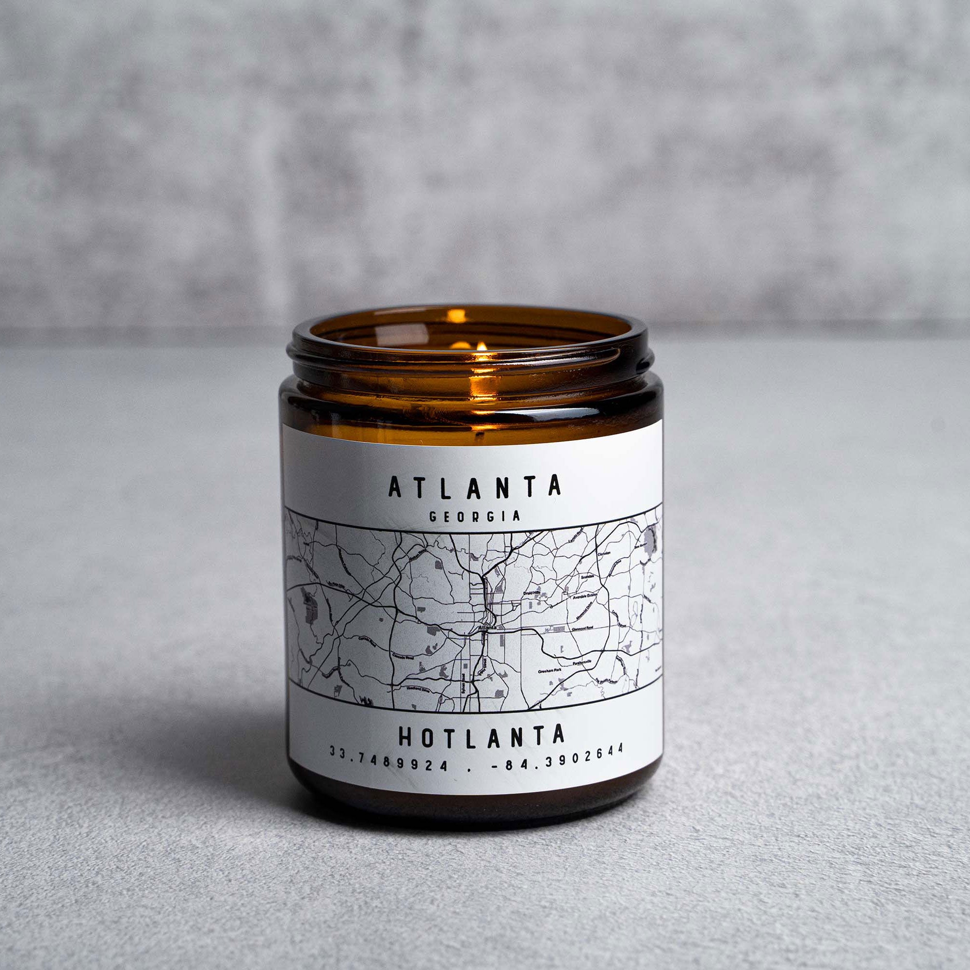 Candle in glass jar with Atlanta, Georgia map and coordinates; from Holt Leather Co in Huntsville, Alabama