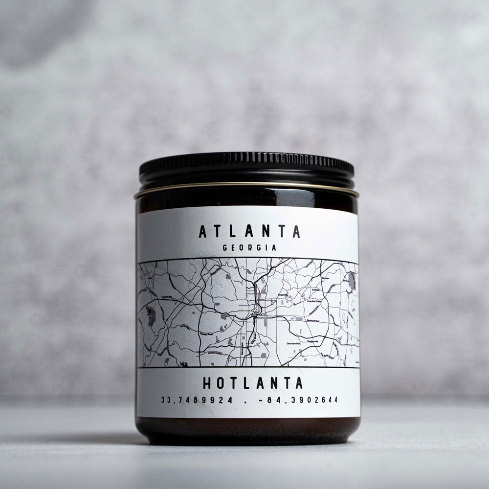 Candle in glass jar with Atlanta, Georgia map and coordinates; from Holt Leather Co in Huntsville, Alabama