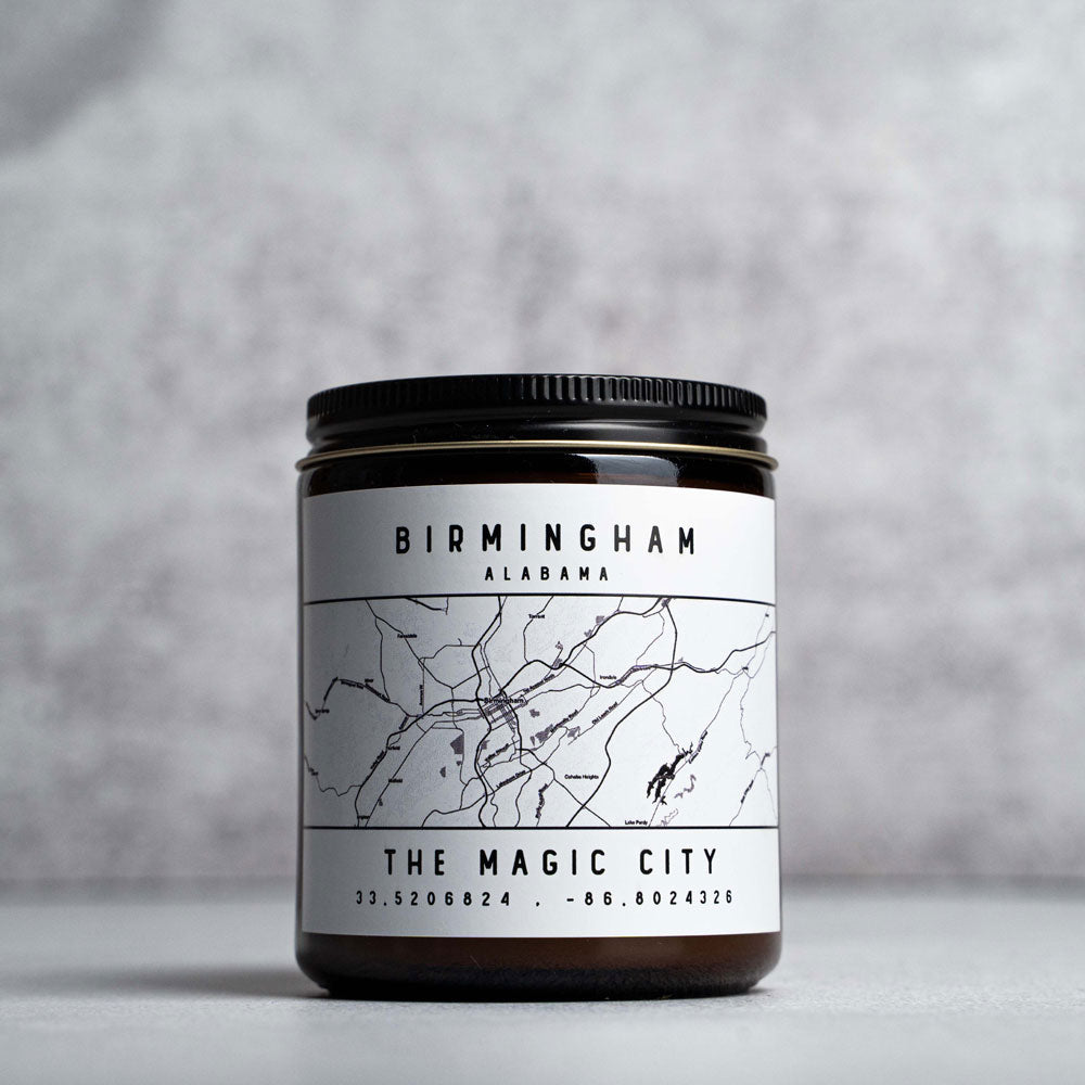 Candle in glass jar with Birmingham, Alabama The Magic City map and coordinates from Holtz Leather Co in Huntsville, Alabama