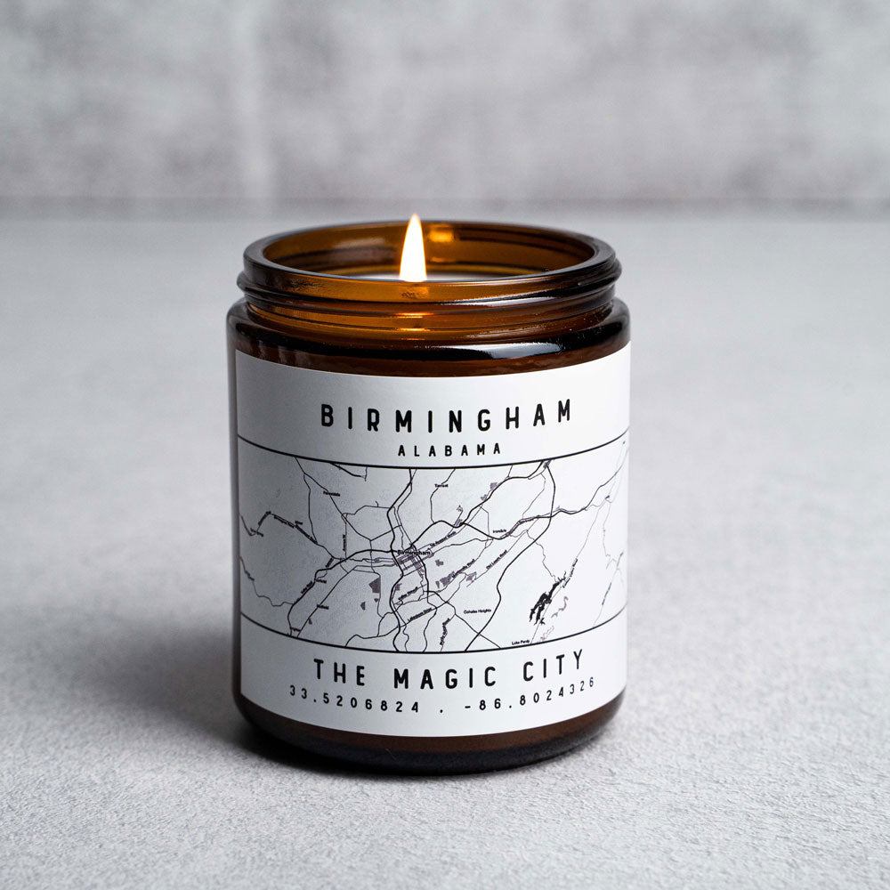 Candle in glass jar with Birmingham, Alabama The Magic City map and coordinates from Holtz Leather Co in Huntsville, Alabama