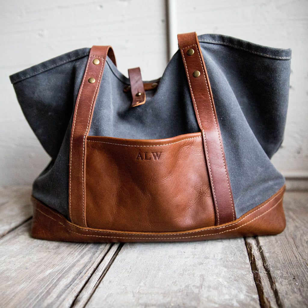 Large waxed canvas tote bag with leather handles / canvas market bag /  carry all bag COLLECTION UNIS