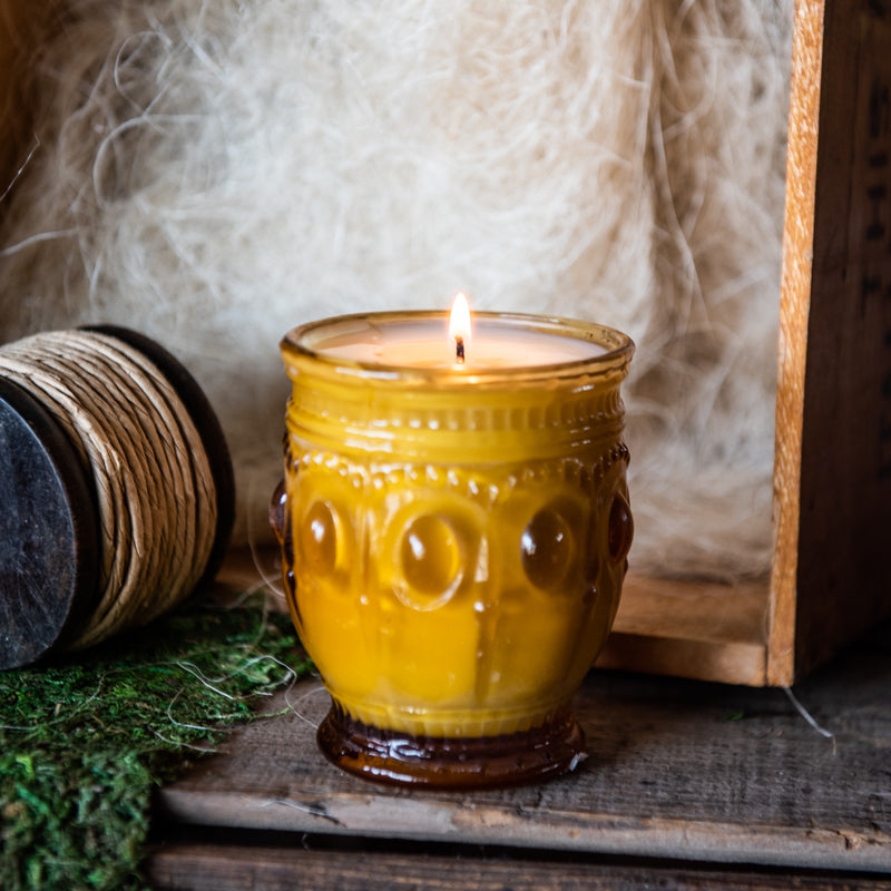 Coffee-scented candle in vintage glass jar from Holtz Leather Co in Huntsville, Alabama