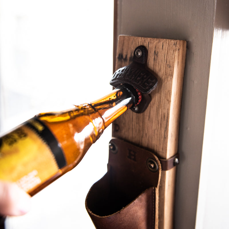 Personalized Wall Mounted Bottle Opener - Cap Catcher - Fine Leatherat Holtz Leather