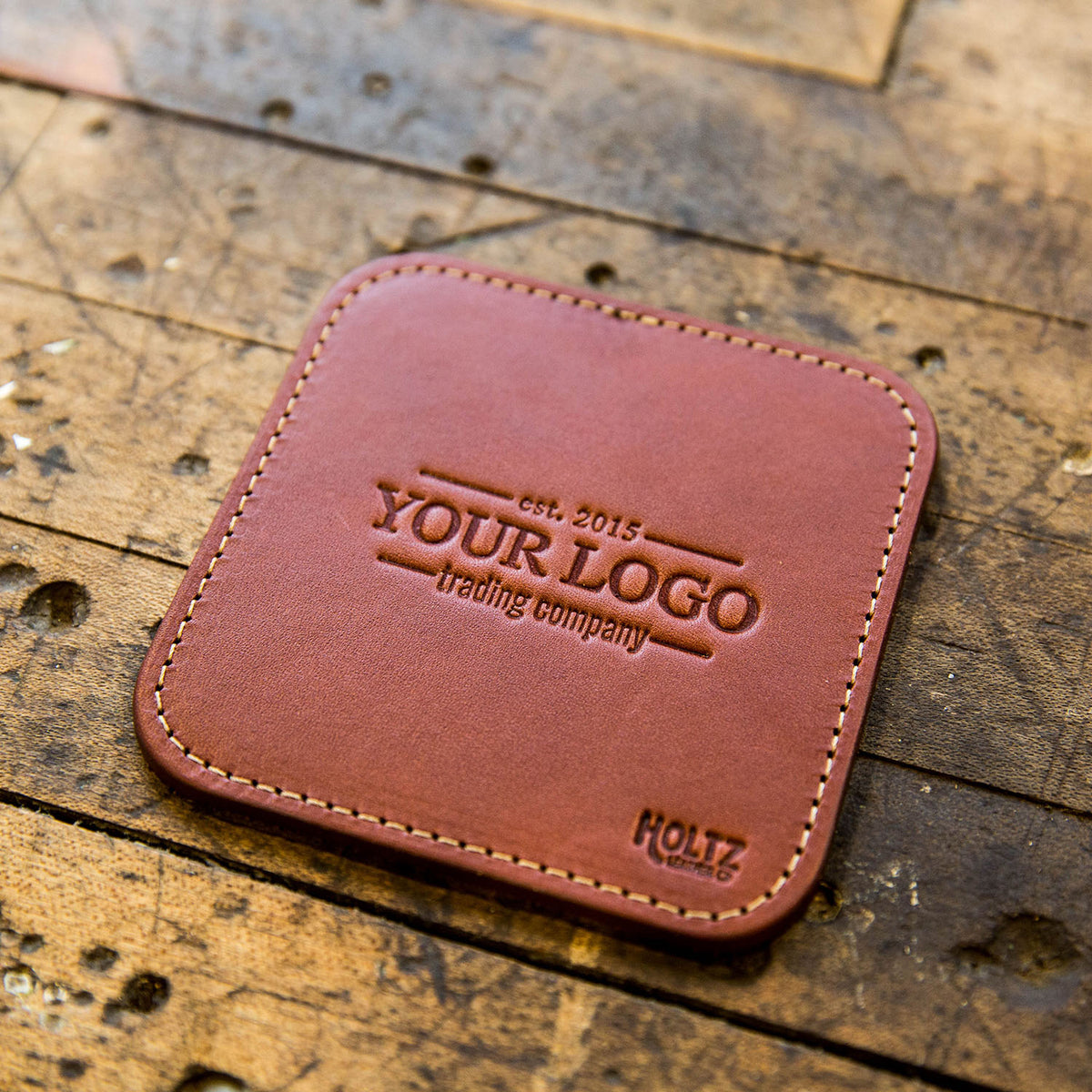 Your Logo + Our Leather - The Ranch House Fine Leather Coaster Set of 4 Coasters - Custom Logo and Corporate Gifting