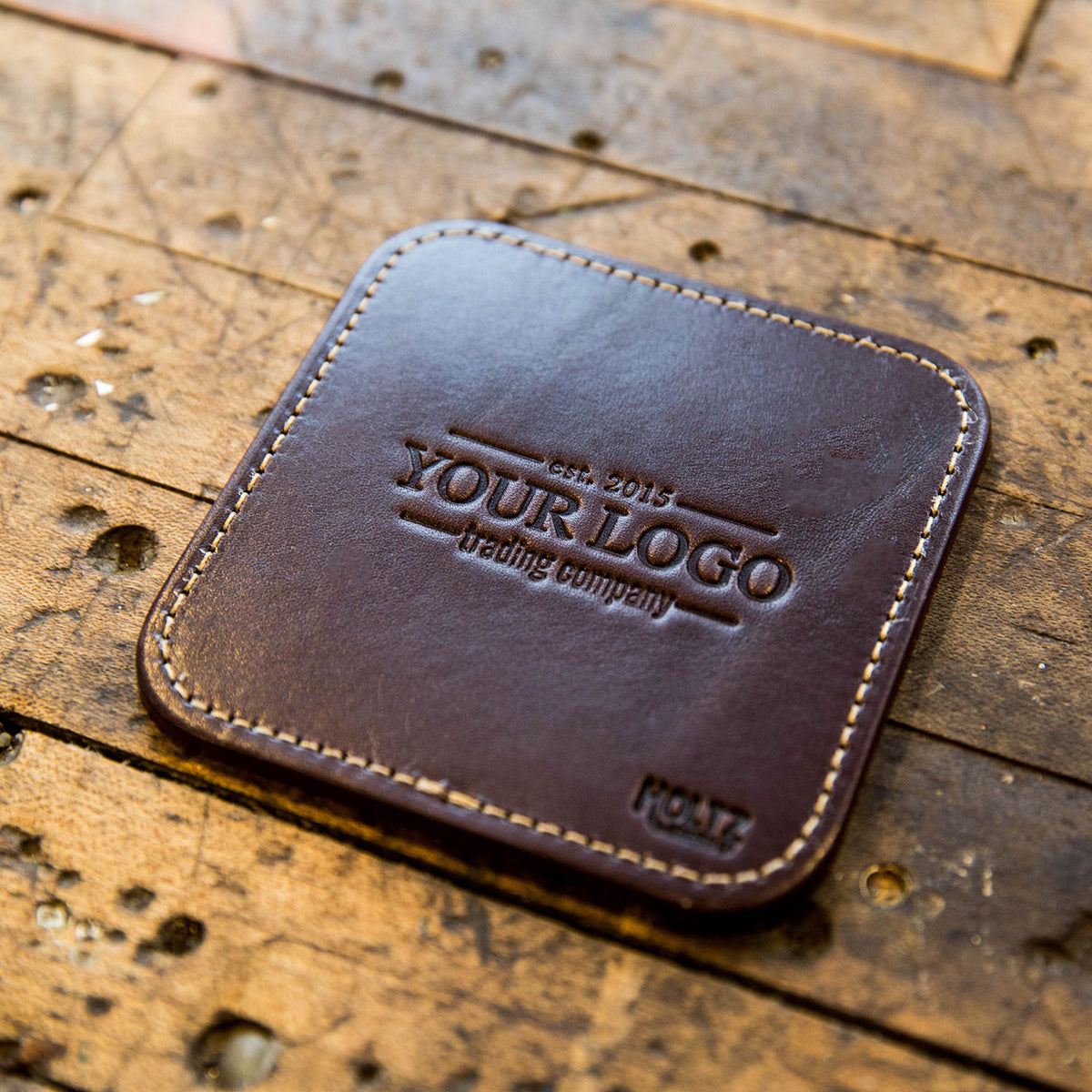 Your Logo + Our Leather - The Ranch House Fine Leather Coaster Set of 4 Coasters - Custom Logo and Corporate Gifting