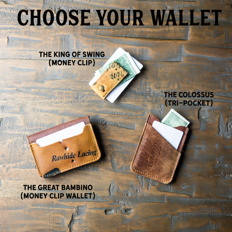 Money clip wallet, tri-pocket wallet, and money clip made from your own baseball glove