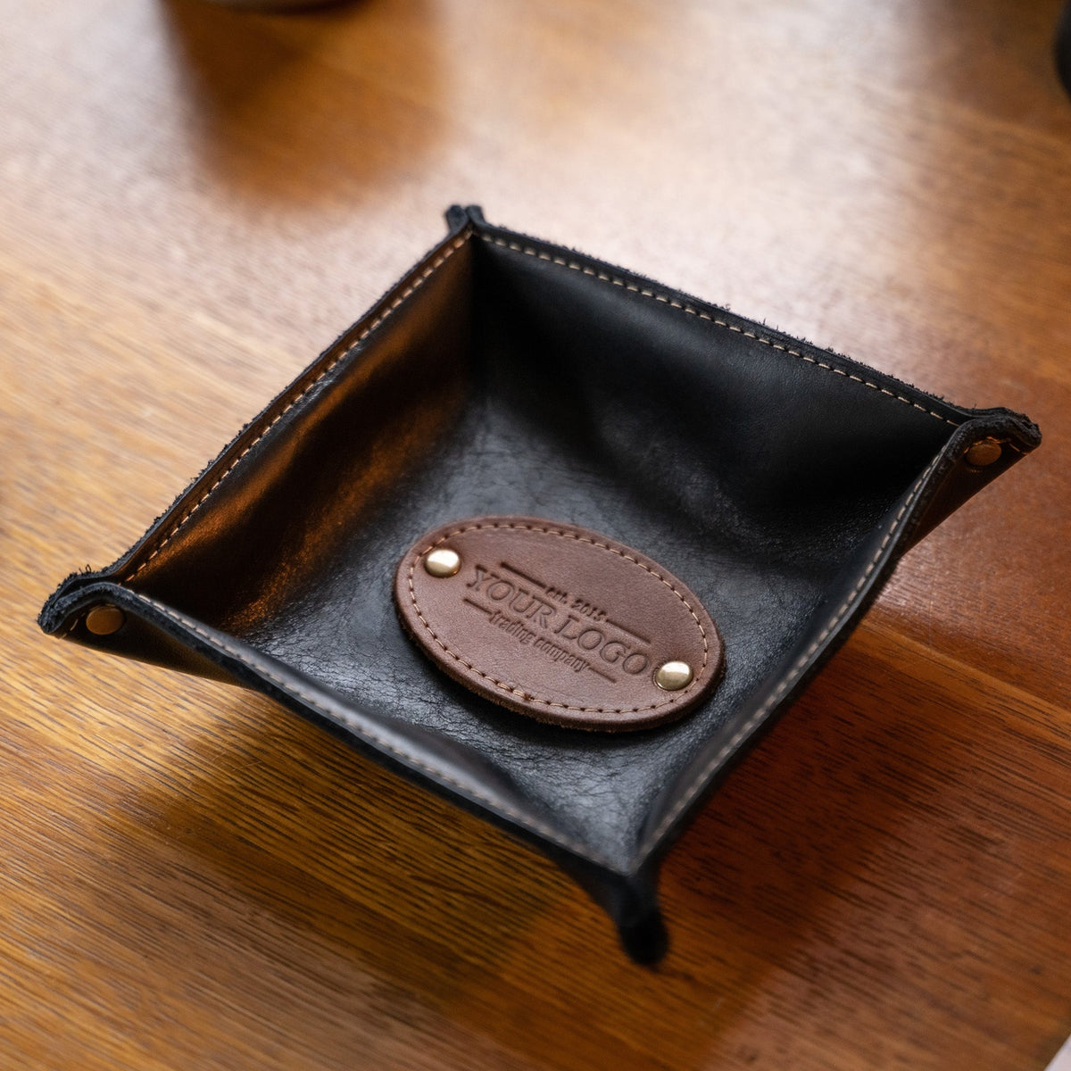 Your Logo + Our Leather - The Monticello Fine Leather Personalized Desk Valet Caddy Tray for Dresser or Office - Custom Logo and Corporate Gifting