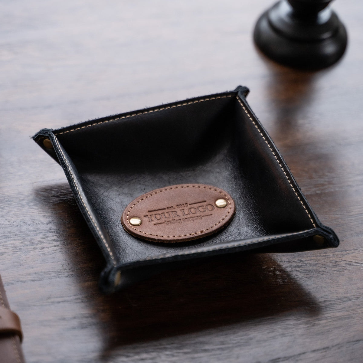 The Monticello Custom Logo Fine Leather Personalized Desk Valet Caddy Tray for Dresser or Office Gift Put Your Logo On It Corporate