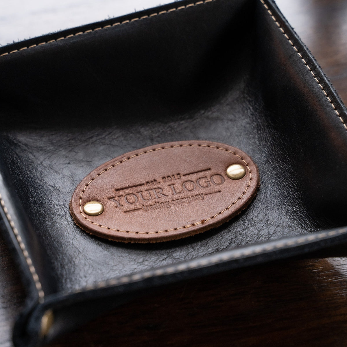 Your Logo + Our Leather - The Monticello Fine Leather Personalized Desk Valet Caddy Tray for Dresser or Office - Custom Logo and Corporate Gifting