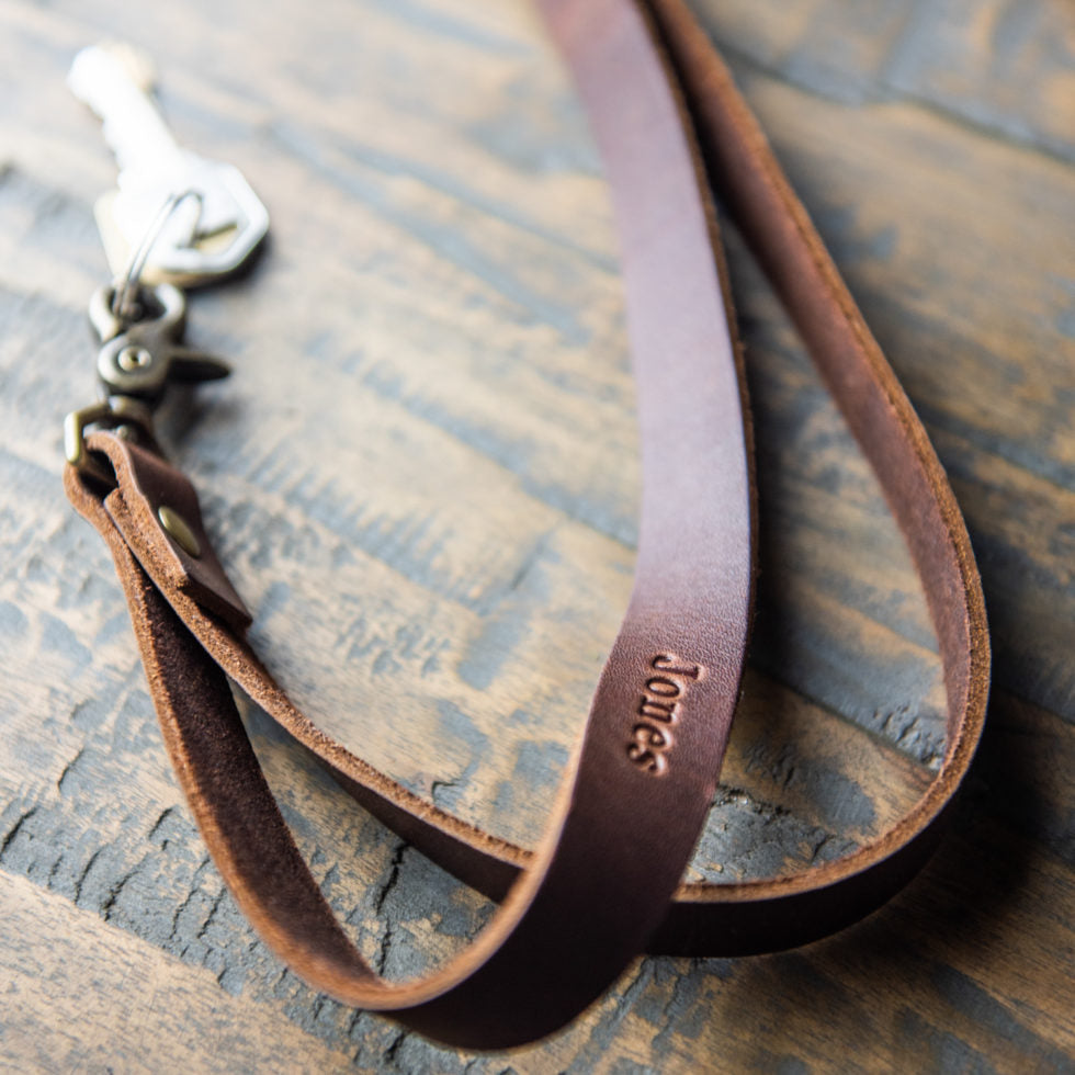 Fine brown leather lanyard or keychain with swivel clip and personalized name from Holtz Leather Co in Huntsville, Alabama