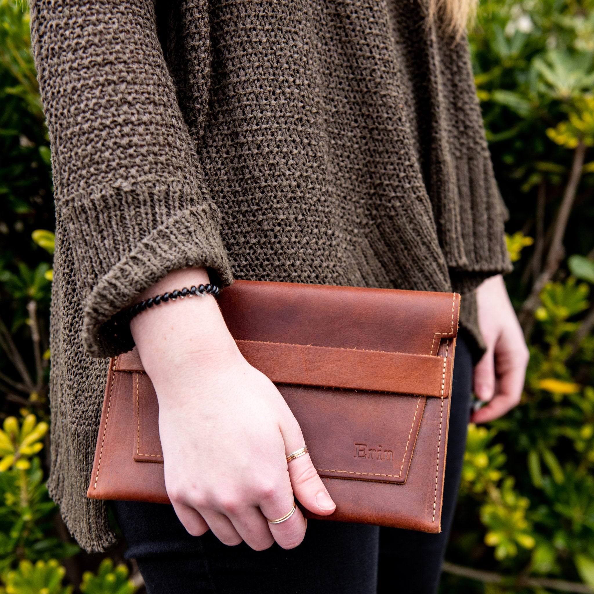 Personalized Fine Leather Clutch with Insert - The Moriah, Brown / No insertat Holtz Leather