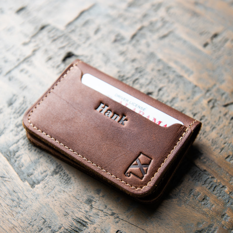 Personalized fine leather bifold money clip wallet with personalized name and Alabama outline