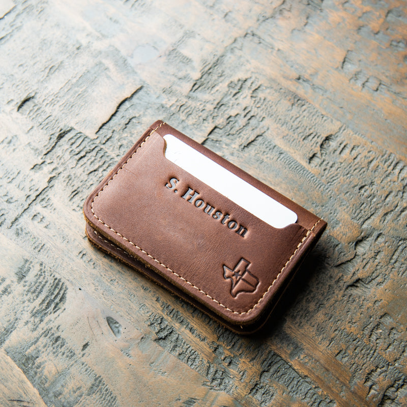 The Texas Gates Personalized Fine Leather Bifold Money Clip Wallet with Texas Logo