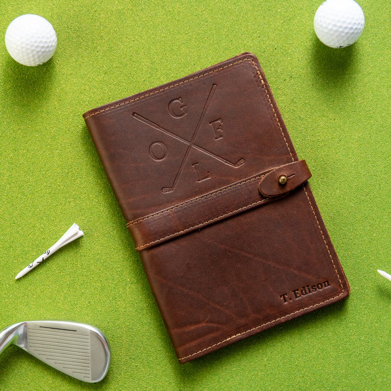 Leather journal cover with golf logo and personalized name in A5 size from Holtz Leather Co in Huntsville, Alabama