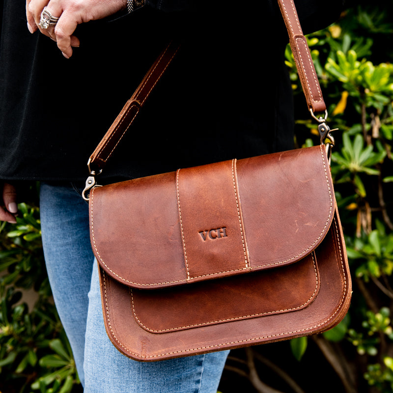 Fine American leather handcrafted crossbody purse in brown with personalized initials