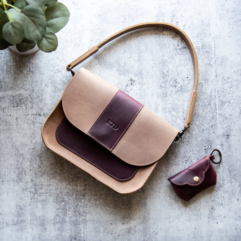 Fine American leather handcrafted crossbody purse in stone and plum with personalized initials; with The Rosie keychain wallet in plum