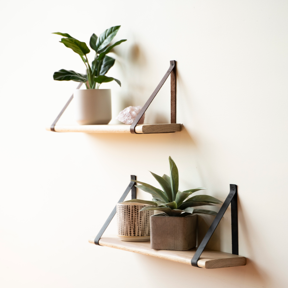 Floating Shelf with Leather Strap &amp; Sawmill Cut Hickory Boards