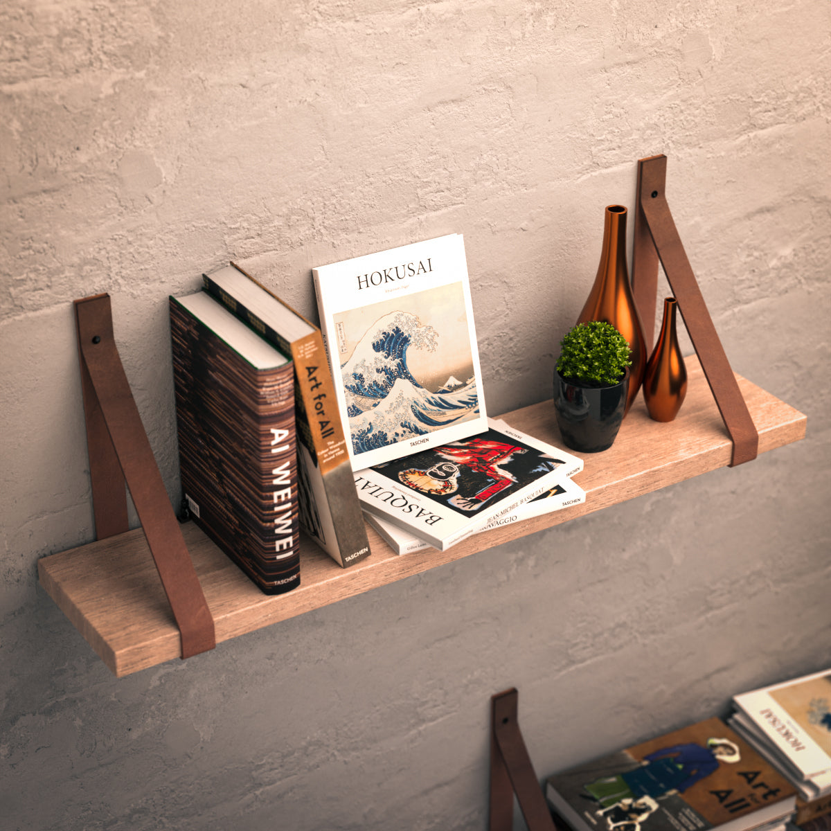 Floating Shelf with Leather Strap & Sawmill Cut Hickory Boards, Brown / 18at Holtz Leather