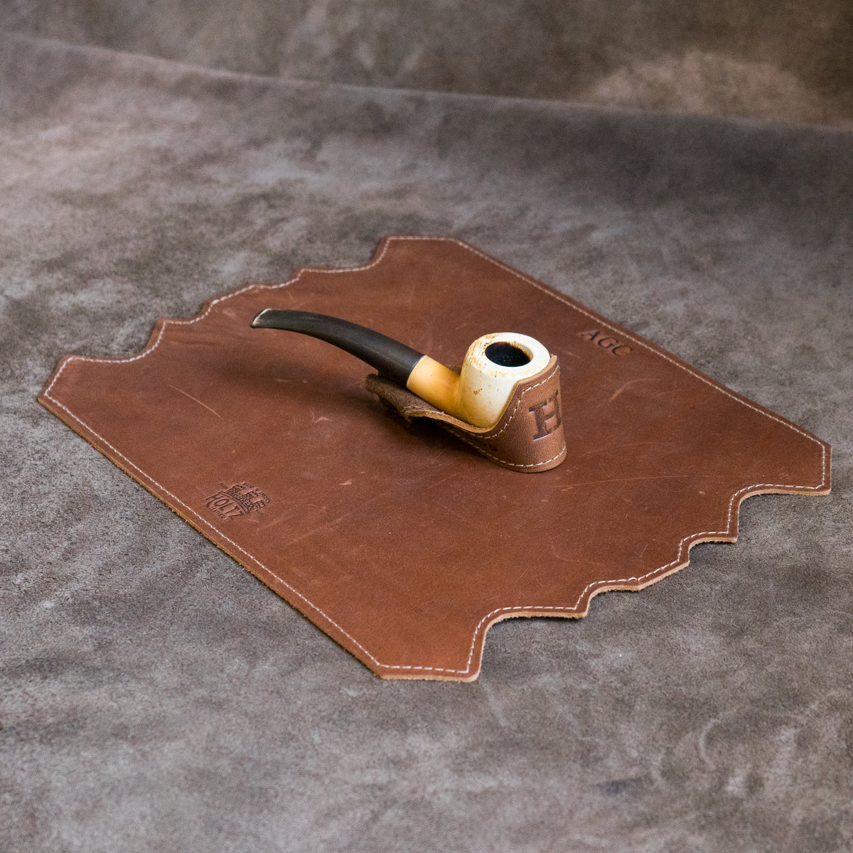 The “Professor” Personalized Fine Leather Pipe Smoking Mat &amp; Pipe Boat Holder